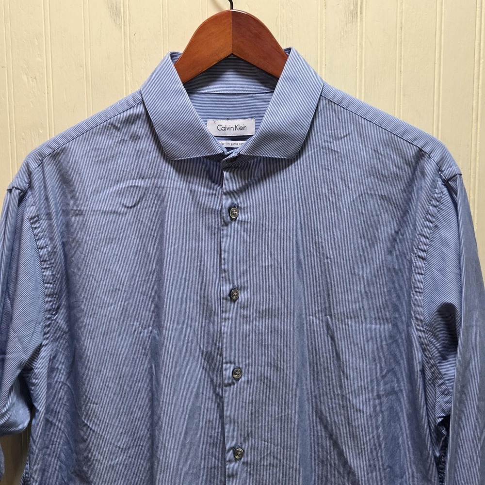 Calvin Klein Dress Shirt Mens 16.5 32/33 Blue Stripe Regular Fit Pima Cotton LS